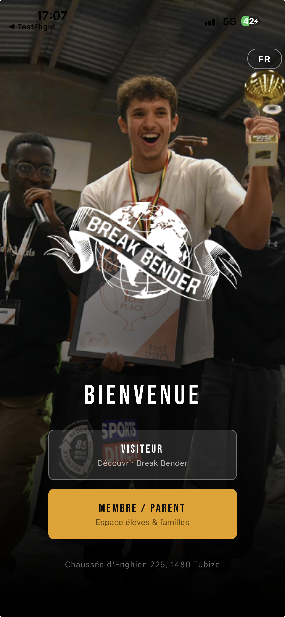 Écran d'accueil de l'app Break Bender