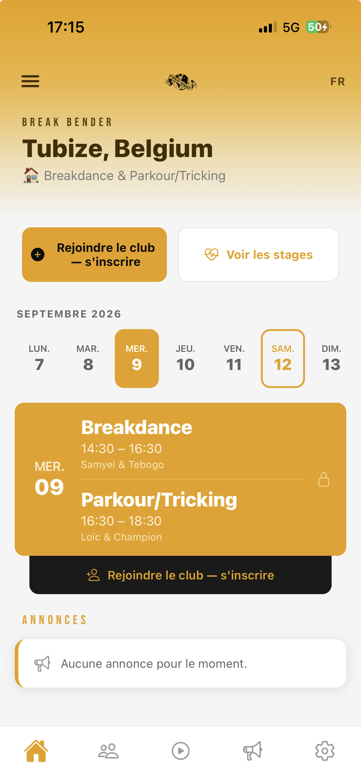 Écran d'accueil de l'app avec les infos du club et les cours du jour