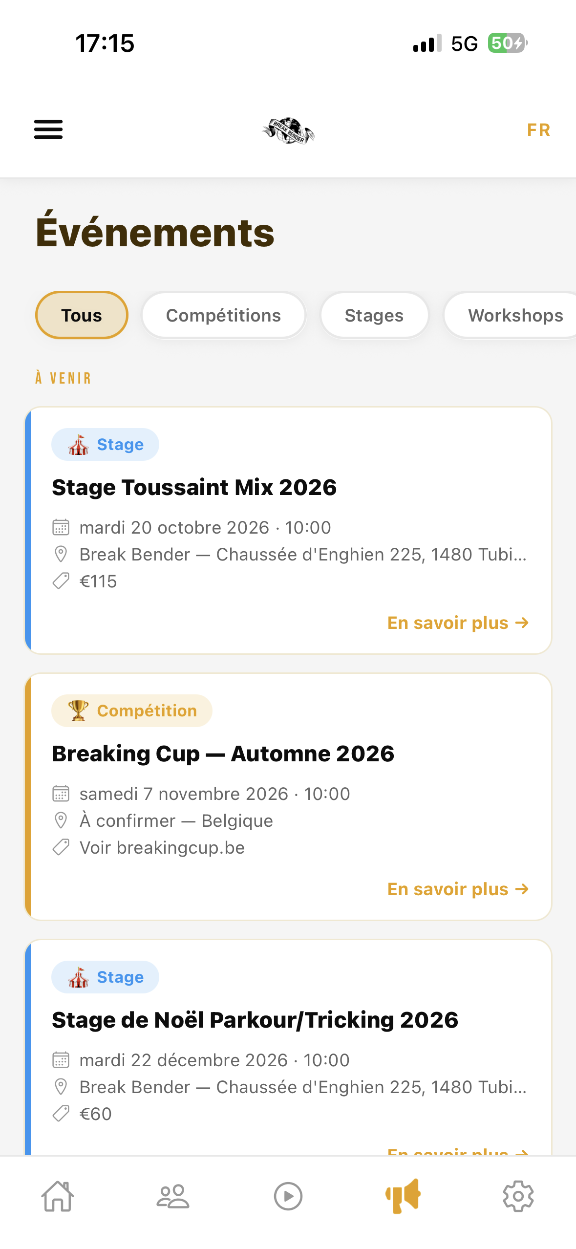Écran des événements : stages et compétitions du club